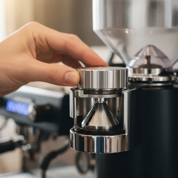 Hand adjusting a stepless coffee grinder's collar for continuous, precise grind size control.
