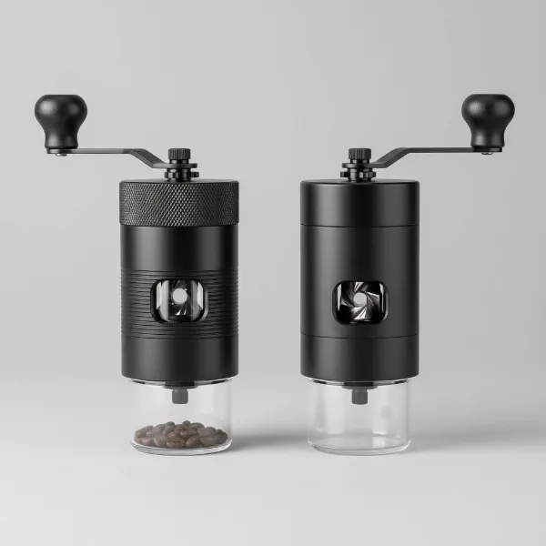 Comparison of Timemore C2 and C3 manual coffee grinders side-by-side, highlighting design differences.