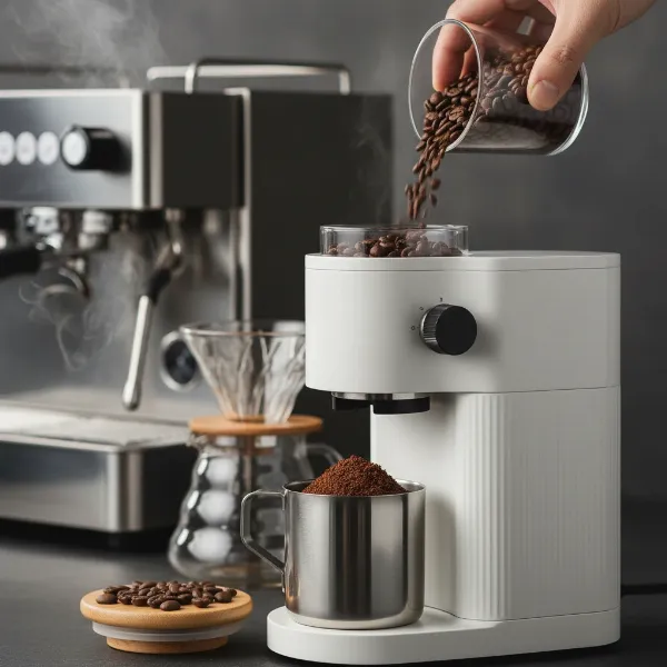 Timemore Sculptor 078S grinder actively grinding coffee beans for espresso or filter.