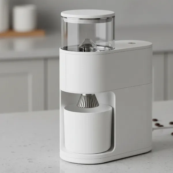 Close-up of Timemore Sculptor 078S grinder showing magnetic catch cup and lid.