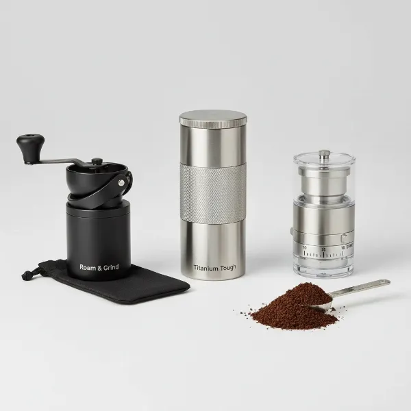 Assortment of different travel coffee grinders demonstrating various features for outdoor use.