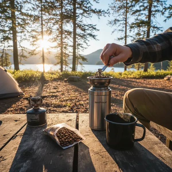 A person using JavaPresse manual coffee grinder while camping outdoors with a cup of coffee