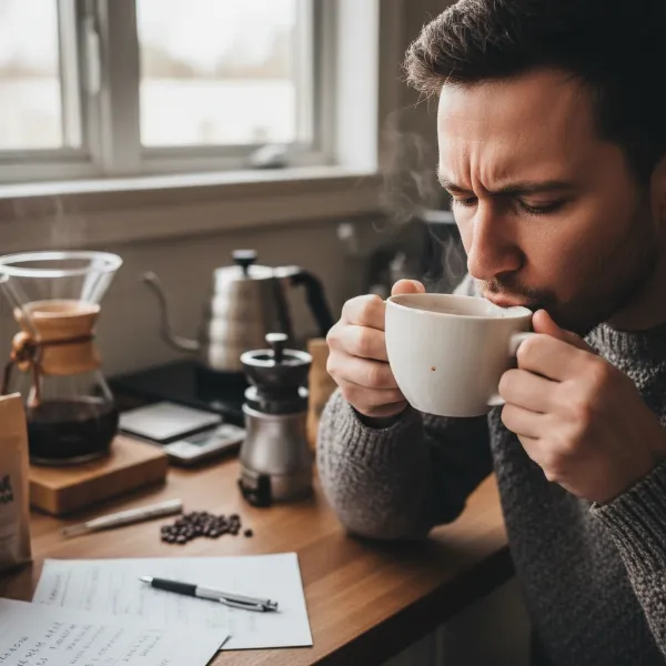 Person thoughtfully tasting coffee, indicating the process of troubleshooting a bitter brew.
