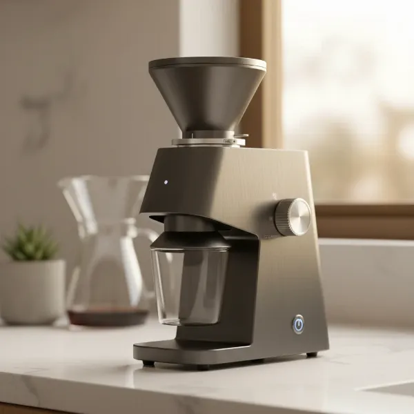 The compact Turin SK40 conical burr coffee grinder on a kitchen counter, ready for use.