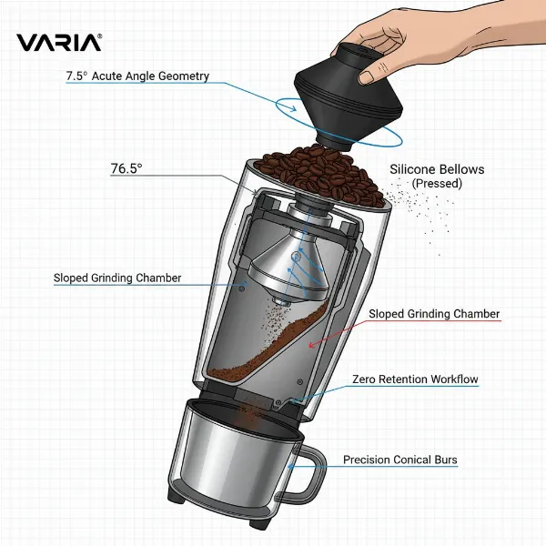 Varia VS3 Gen 2 grinder showing the sloped grinding chamber and bellows for zero retention.