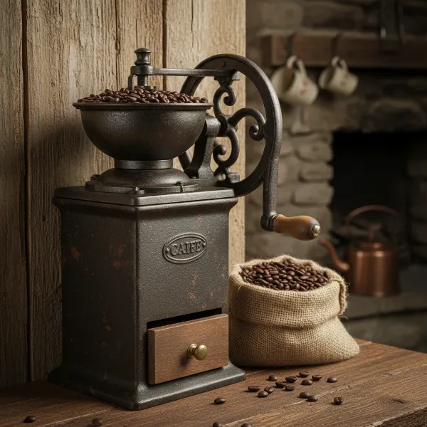 A vintage cast-iron hand-crank burr coffee grinder from the 19th century.
