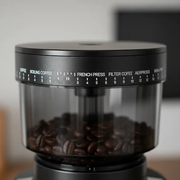 Close-up of the Wilfa Svart Aroma's bean hopper showing different grind settings for various brew methods.