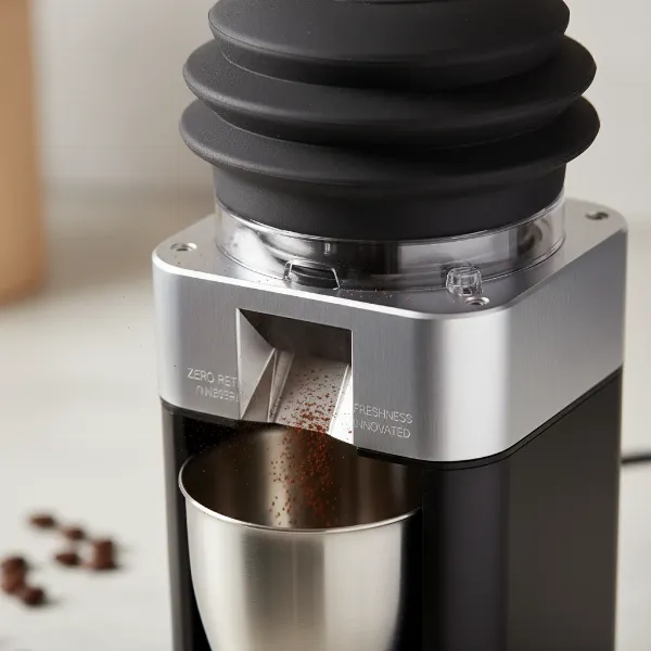 Close-up of a coffee grinder with a bellows system, illustrating zero retention.