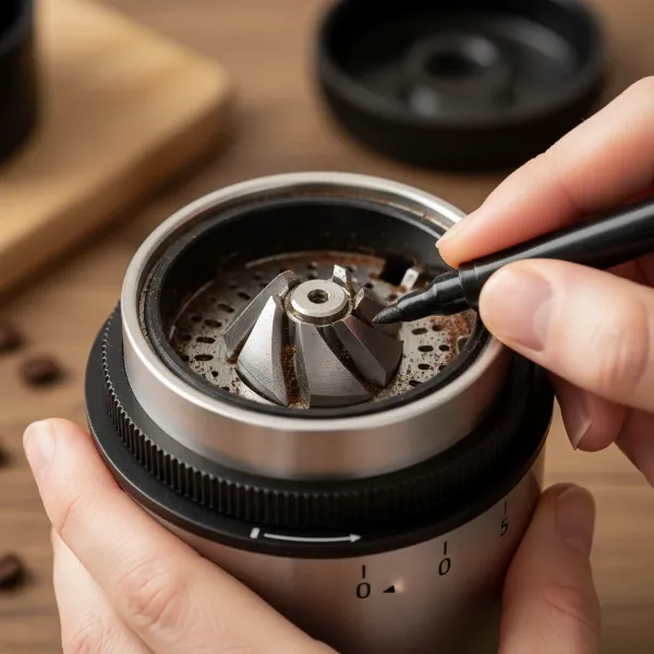 A person calibrating an electric burr coffee grinder, adjusting the setting to find the zero point.